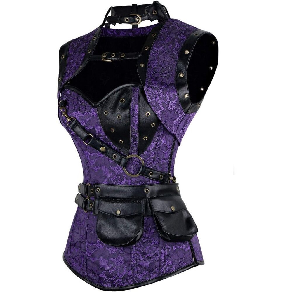 Women's Purple Steampunk Spiral Steel Boned Vintage Retro Corset Tops Bustier - Picture 2 of 7